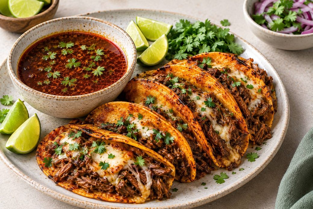 Birria-Style Beef Tacos with Dipping Broth