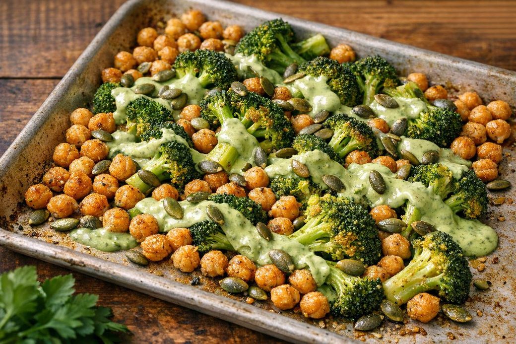 Crisp Chickpeas & Broccoli, Green Tahini