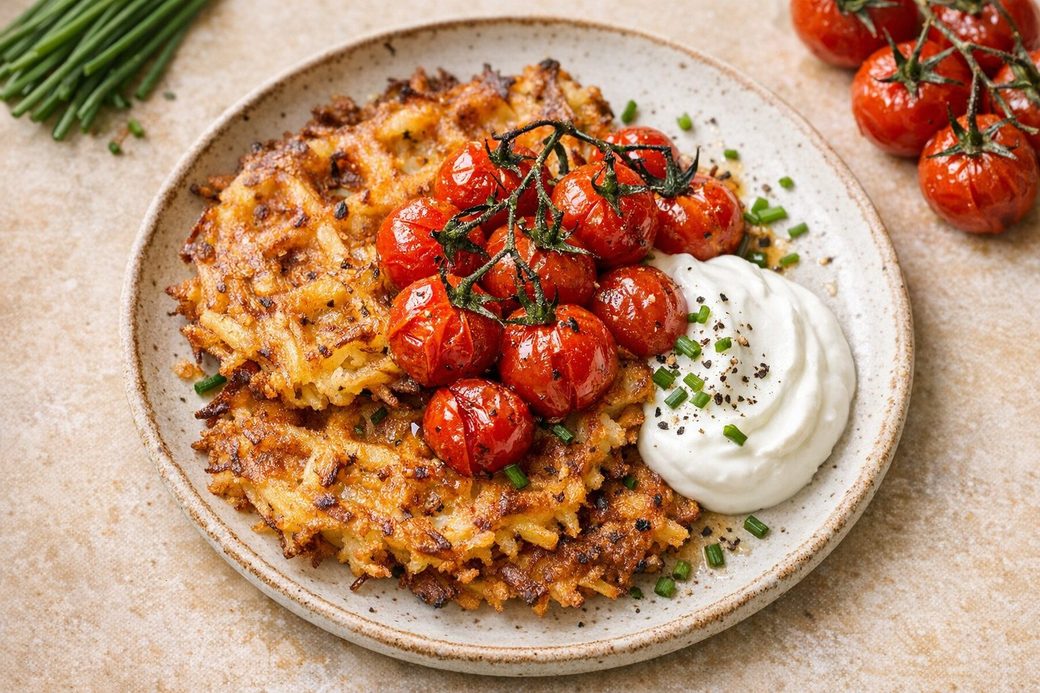 Crispy Potato Waffles with Roast Tomatoes