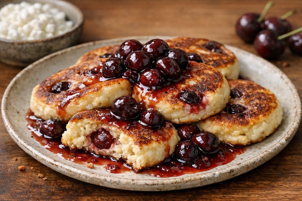 Fluffy Cheese Pancakes with Cherries