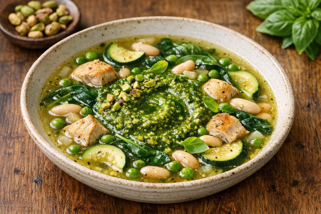 Green Minestrone with Pistachio Pesto