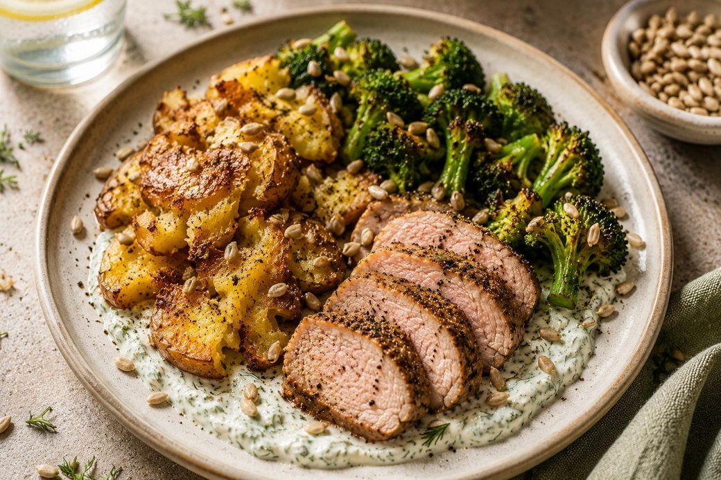 Smashed Potatoes with Pork & Garlic Yogurt