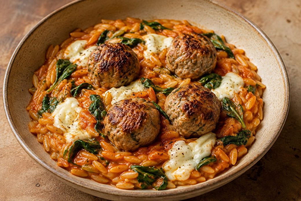 Turkey Meatballs with Roast Pepper Sauce & Orzo